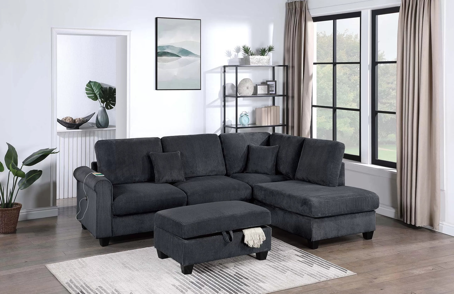 3-Piece Corduroy Sectional with USB & Storage Ottoman – Black | F8300