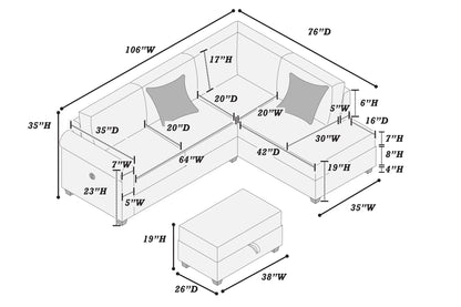 3-Piece Corduroy Sectional with USB & Storage Ottoman – Black | F8300
