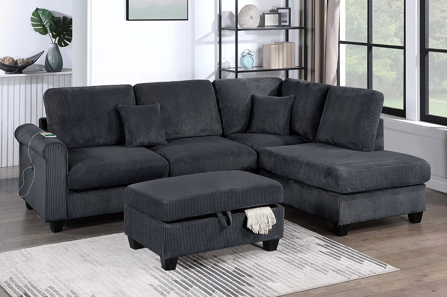 3-Piece Corduroy Sectional with USB & Storage Ottoman – Black | F8300