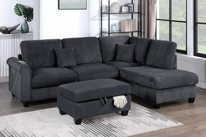 3-Piece Corduroy Sectional with USB & Storage Ottoman – Black | F8300