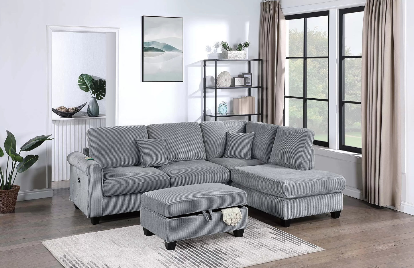 3-Piece Corduroy Sectional with USB & Storage Ottoman – Fog | F8301