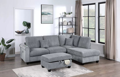 3-Piece Corduroy Sectional with USB & Storage Ottoman – Fog | F8301