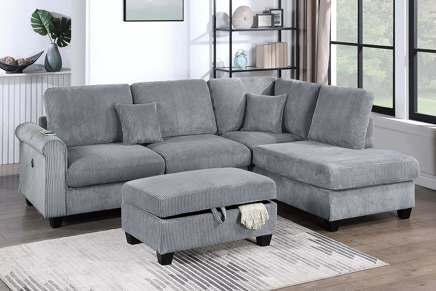 3-Piece Corduroy Sectional with USB & Storage Ottoman – Fog | F8301