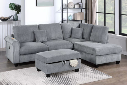 3-Piece Corduroy Sectional with USB & Storage Ottoman – Fog | F8301