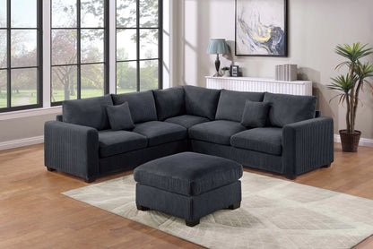 4-Piece Corduroy Sectional with Ottoman – Black | F8302