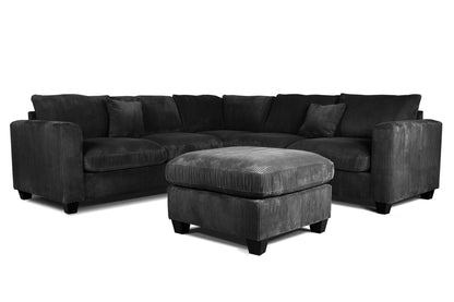 4-Piece Corduroy Sectional with Ottoman – Black | F8302