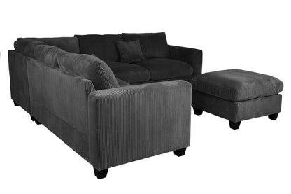 4-Piece Corduroy Sectional with Ottoman – Black | F8302
