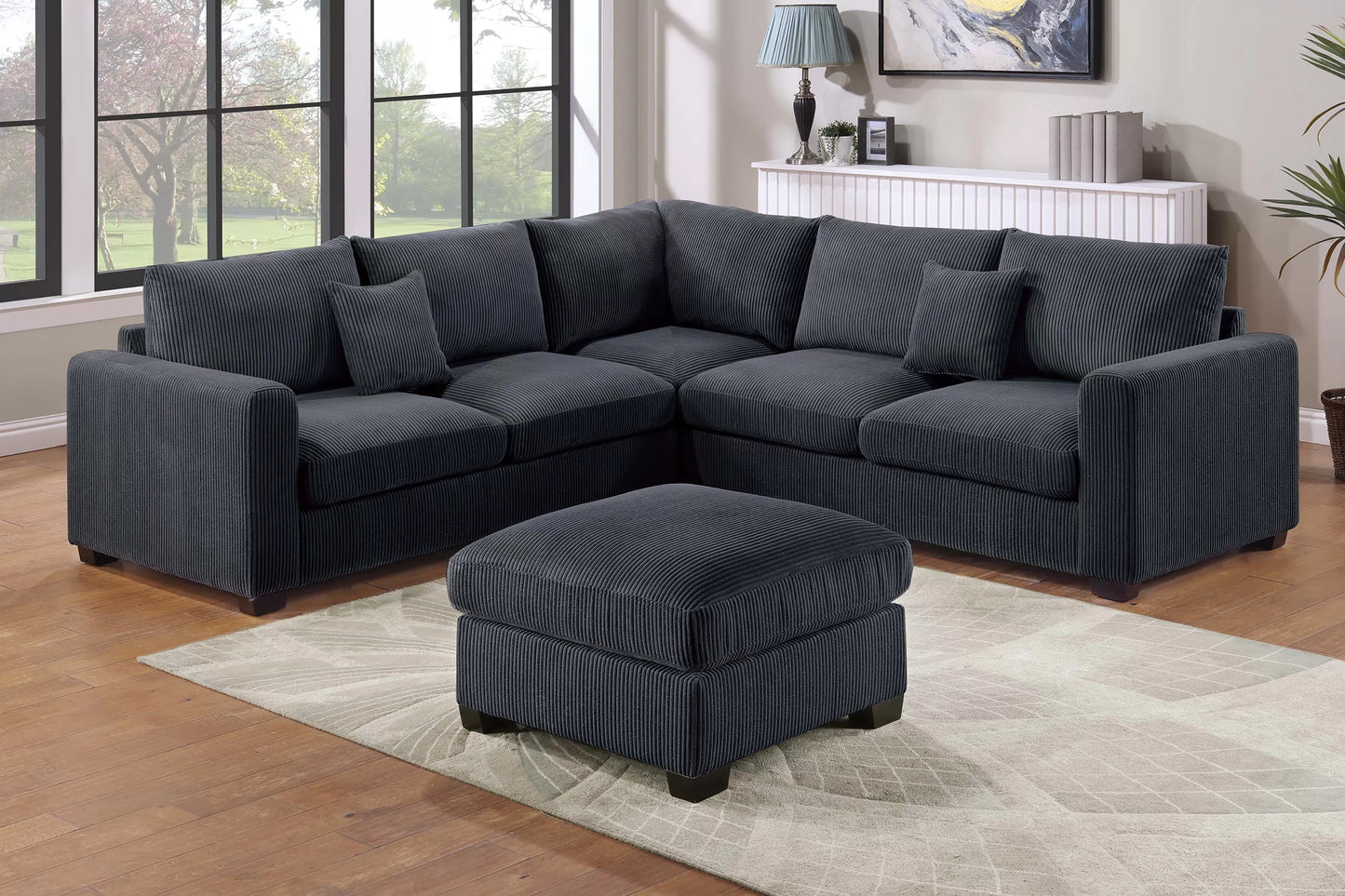 4-Piece Corduroy Sectional with Ottoman – Black | F8302