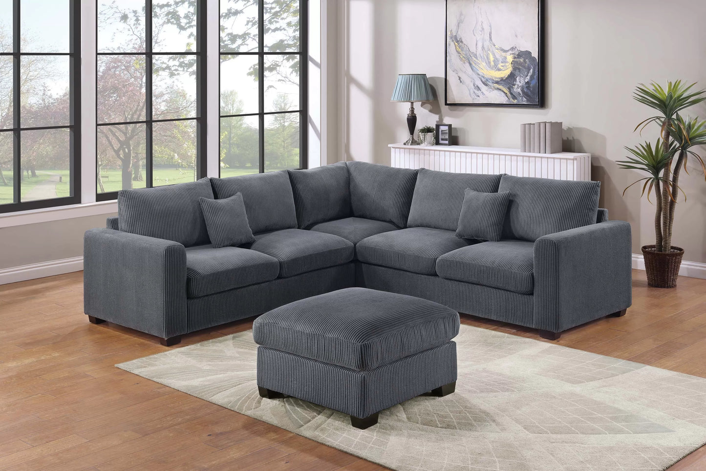 4-Piece Corduroy Sectional with Ottoman – Dark Gray | F8303