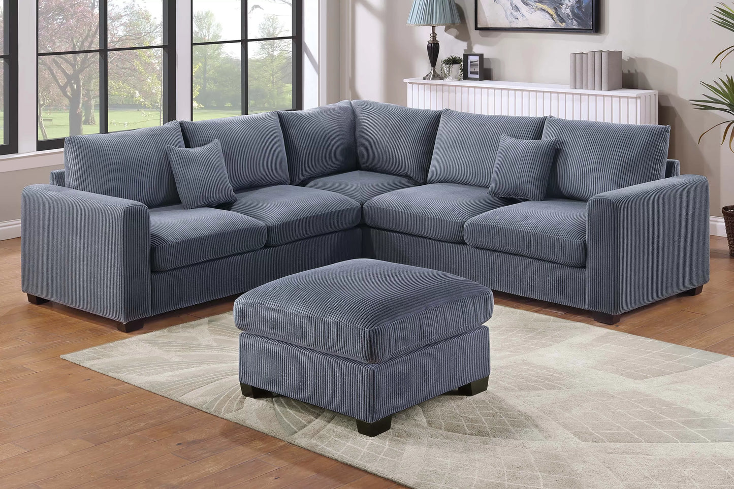 4-Piece Corduroy Sectional with Ottoman – Dark Gray | F8303