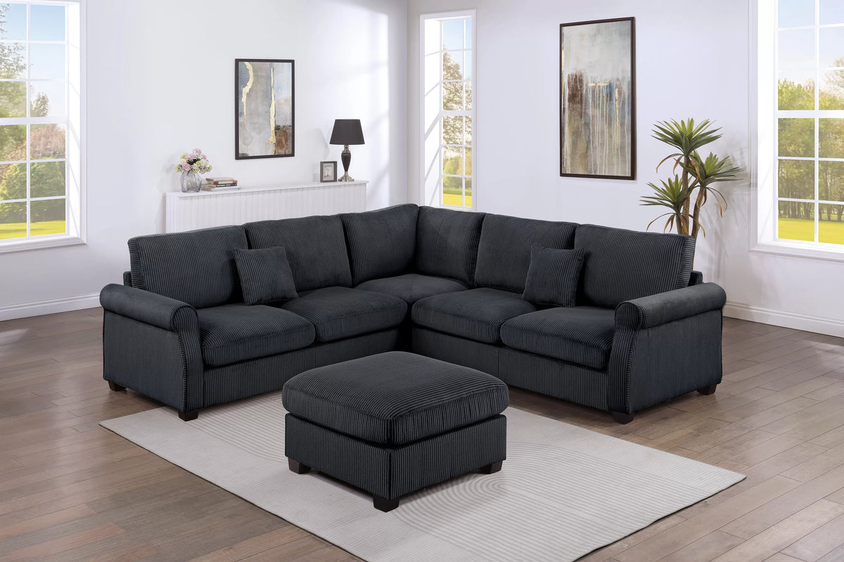 The Driscoll Black Corduroy Sectional with Ottoman – 4 Piece
