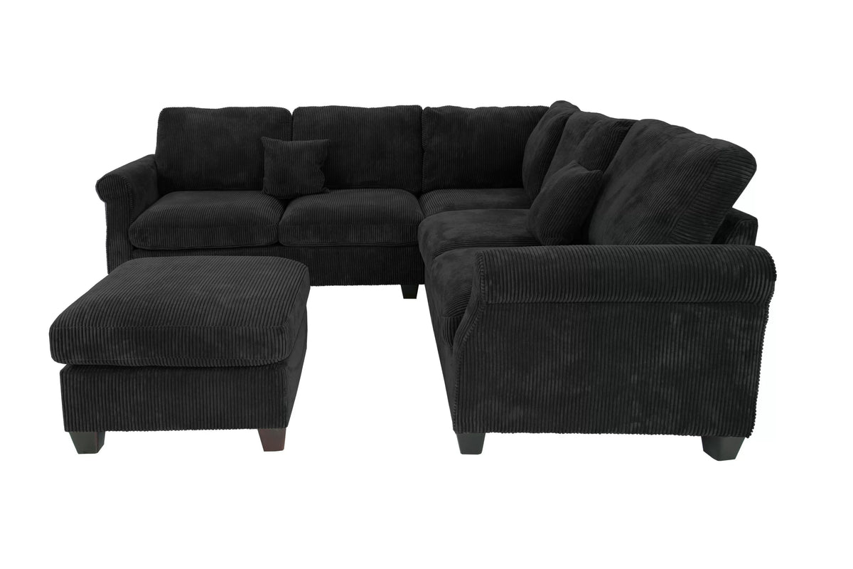 The Driscoll Black Corduroy Sectional with Ottoman – 4 Piece