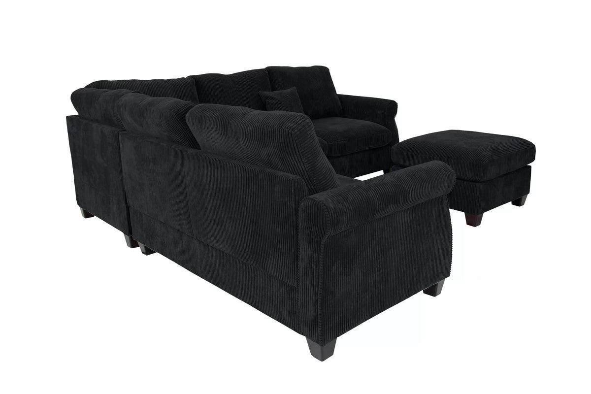 The Driscoll Black Corduroy Sectional with Ottoman – 4 Piece