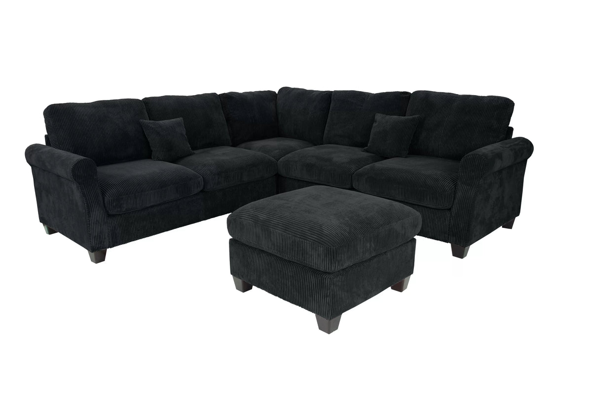 The Driscoll Black Corduroy Sectional with Ottoman – 4 Piece