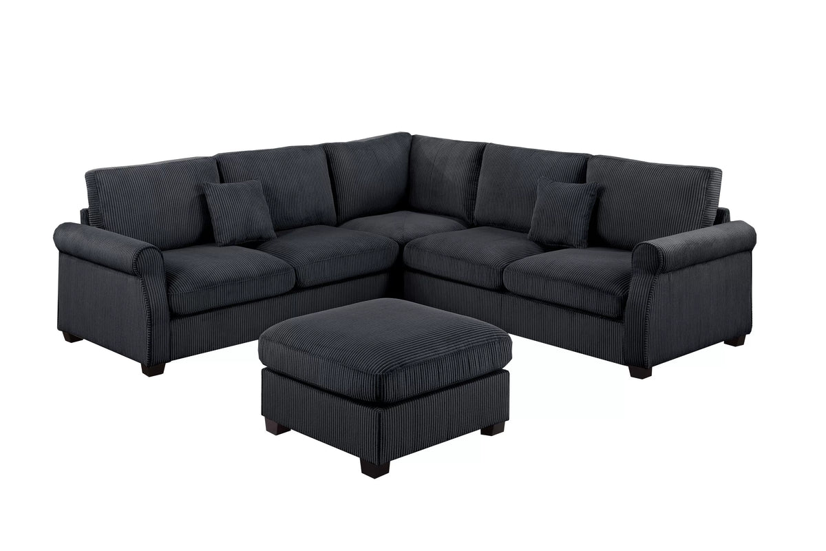 The Driscoll Black Corduroy Sectional with Ottoman – 4 Piece