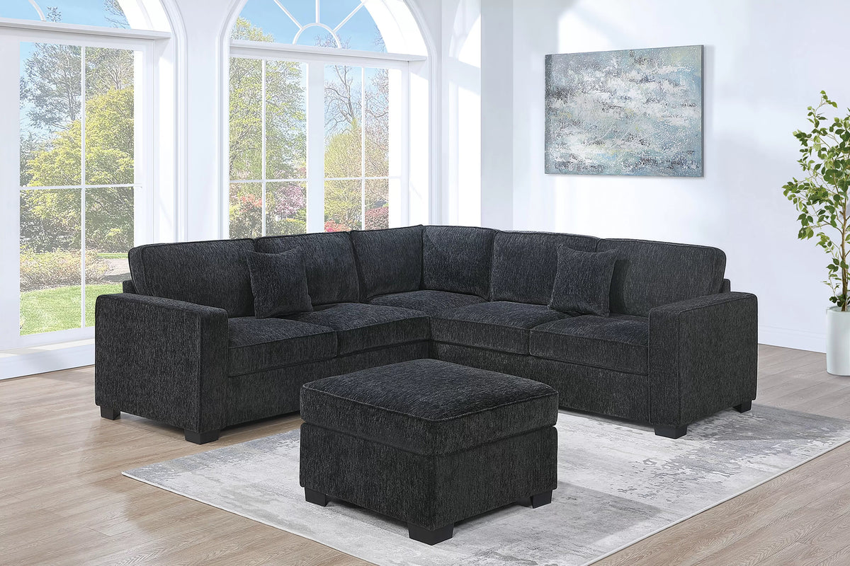 The Fairchild Black Chenille Sectional with Ottoman – 4 Piece