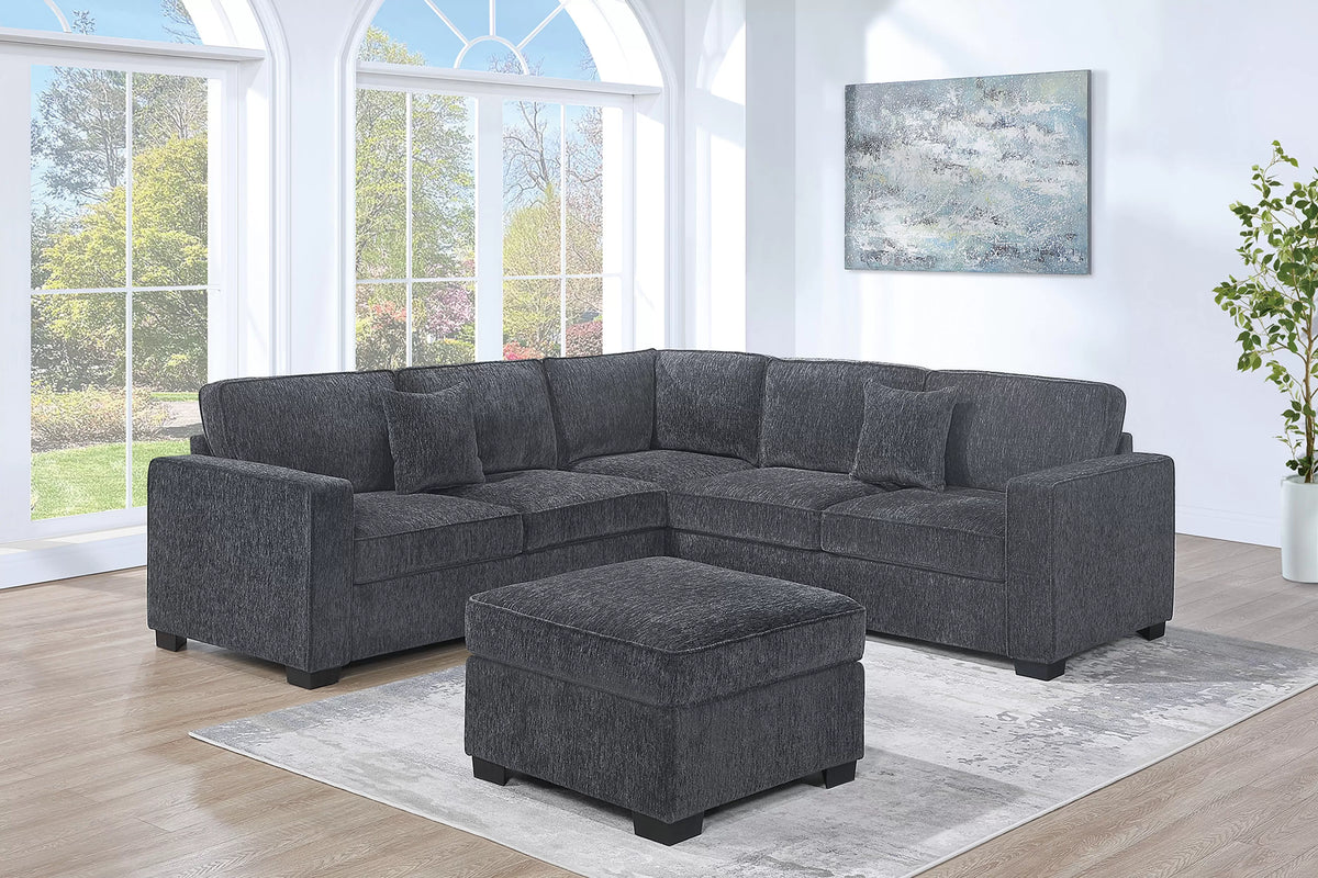 The Fairchild Gunmetal Chenille Sectional with Ottoman – 4 Piece