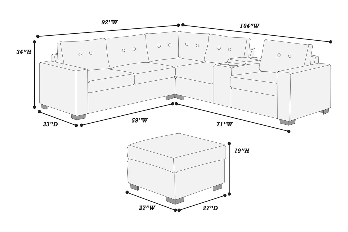 The Hastings Black Sectional with Ottoman – 4 Piece