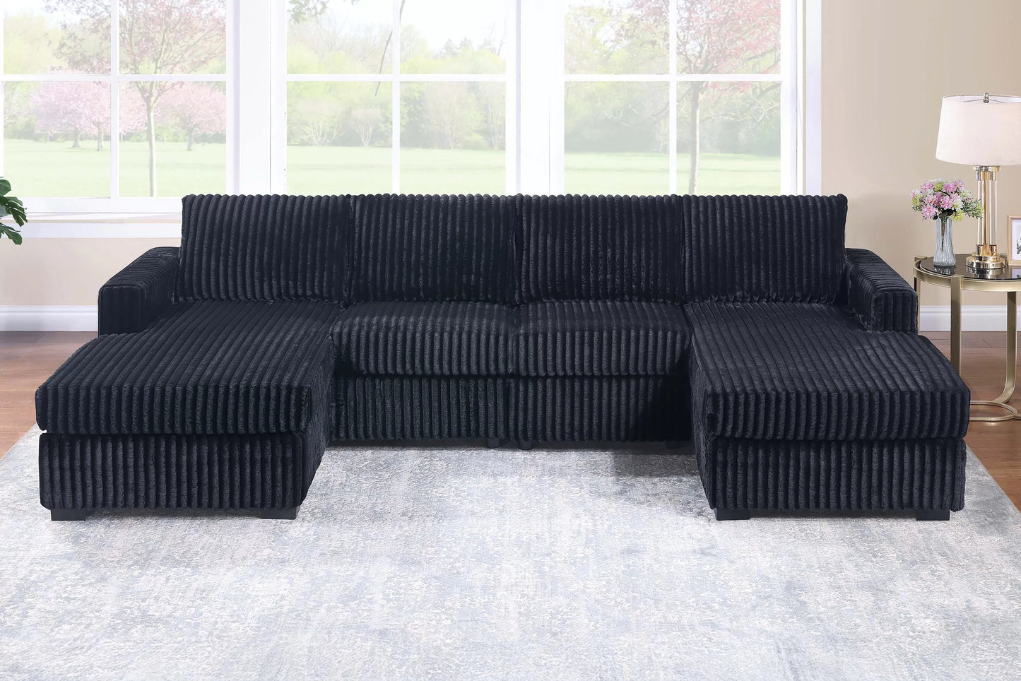 3-Piece Sectional Sofa Set – Black Jumbo Corduroy with Dual Chaise F8333
