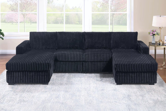 3-Piece Sectional Sofa Set – Black Jumbo Corduroy with Dual Chaise F8333