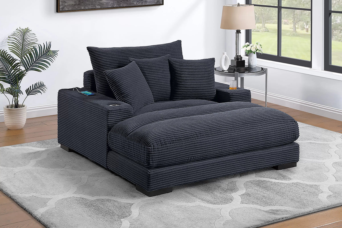 The Langford Black Wide-Welt Corduroy Chaise Lounge with Cup Holders