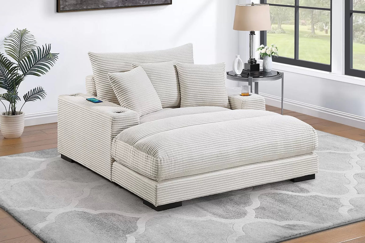 The Langford Beige Wide-Welt Corduroy Chaise Lounge with Cup Holders