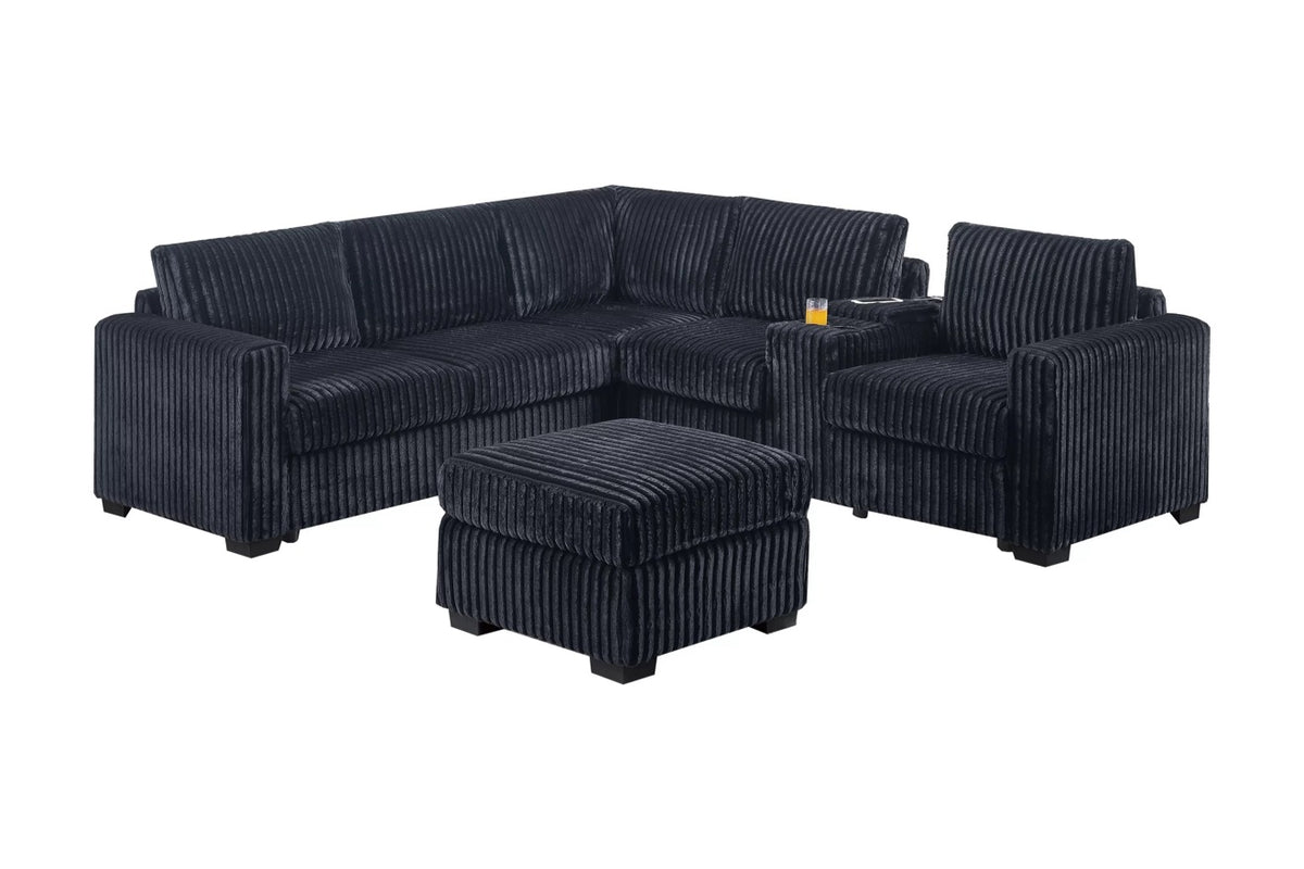 The Hartwell Black Corduroy Sectional with Ottoman and USB Console, 4 Piece