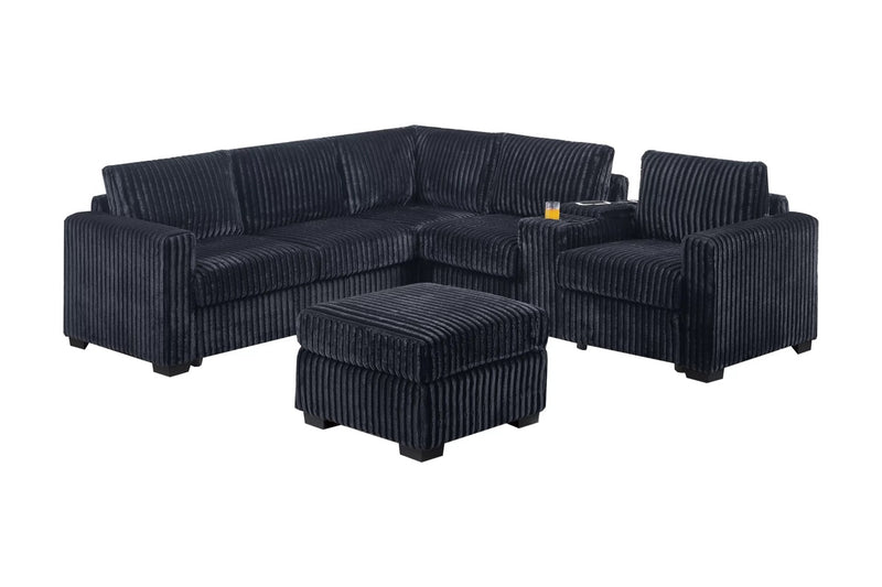 The Hartwell Black Corduroy Sectional with Ottoman & USB Console – 4 Piece