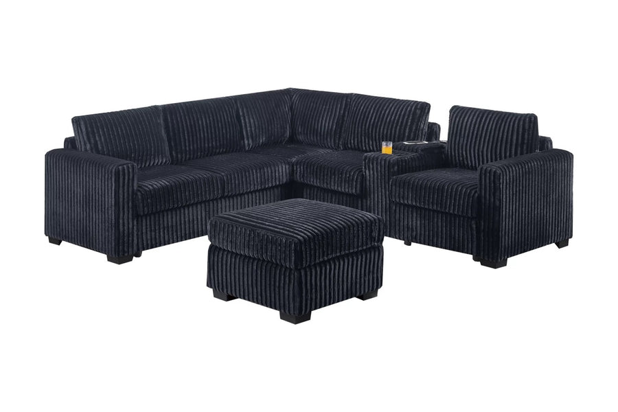 Seccional Hartwell Negro de Pana con USB con Otomana con Consola – 4 Piezas