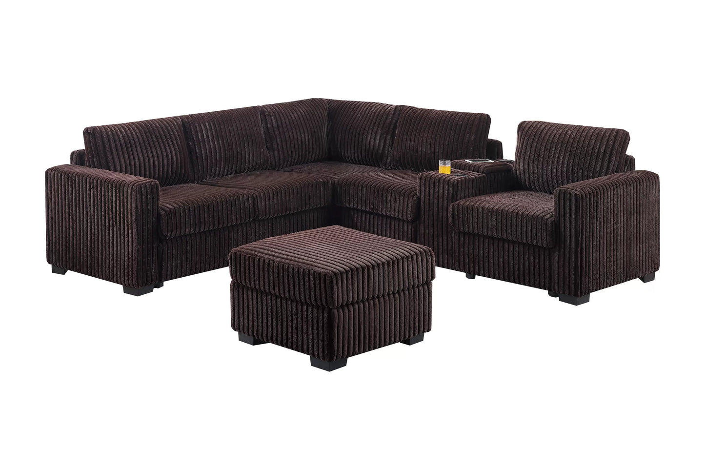 4-Piece Sectional with Ottoman, USB Console & Cup Holders – Coffee Corduroy | F8345