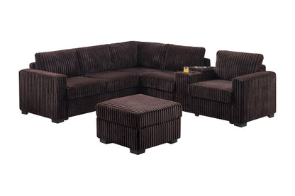 4-Piece Sectional with Ottoman, USB Console & Cup Holders – Coffee Corduroy | F8345