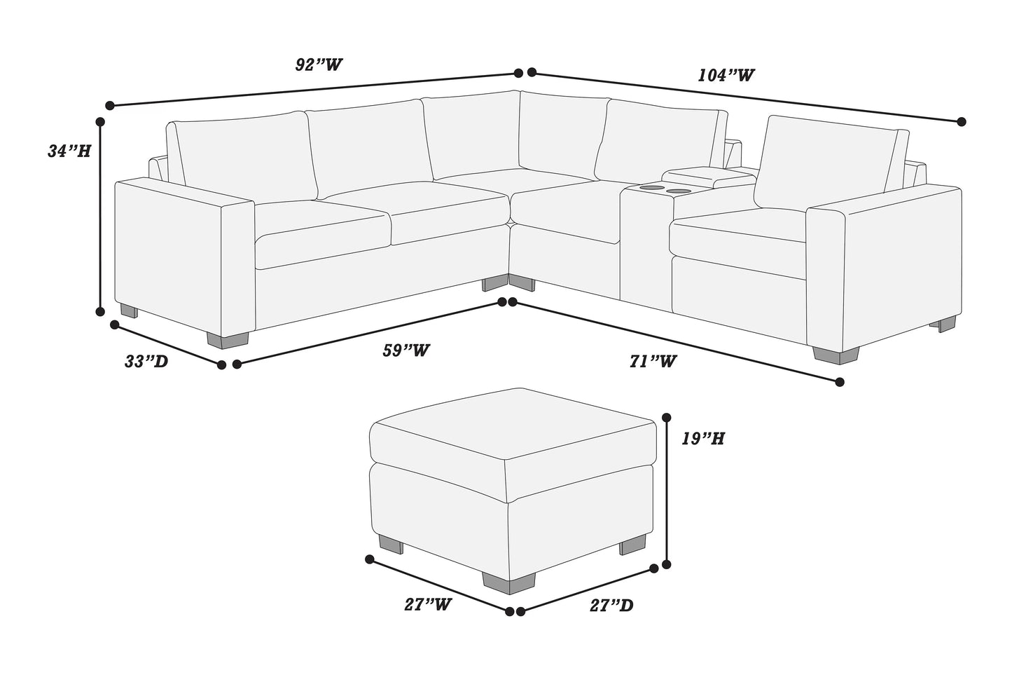 4-Piece Sectional with Ottoman, USB Console & Cup Holders – Coffee Corduroy | F8345