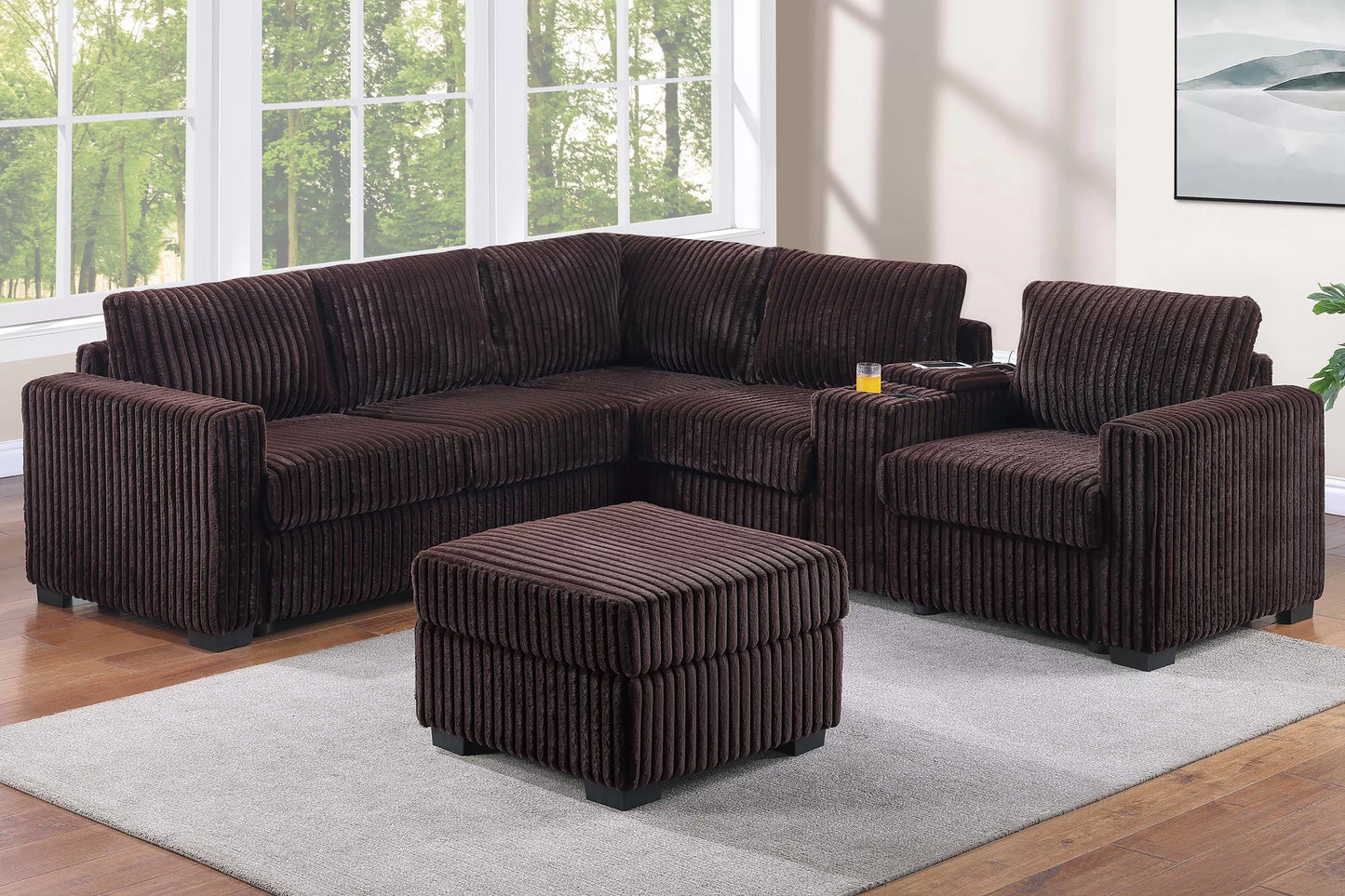 4-Piece Sectional with Ottoman, USB Console & Cup Holders – Coffee Corduroy | F8345