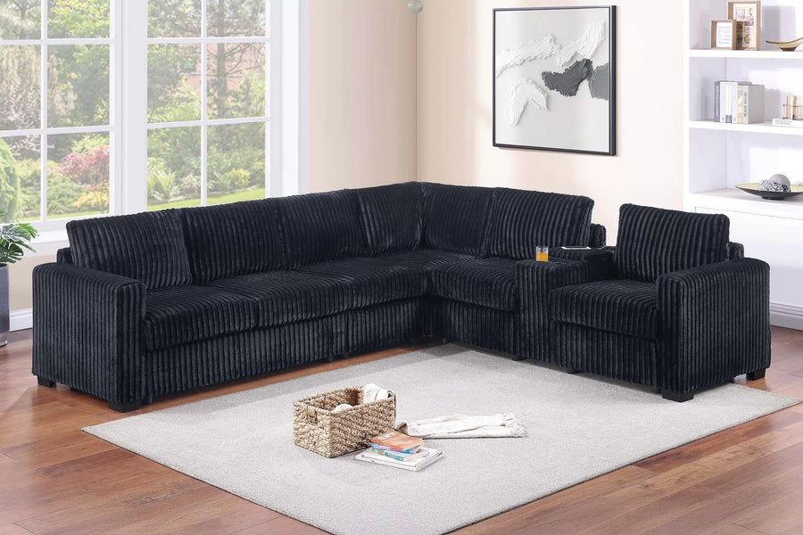 Seccional Hartwell Negro de Pana con USB con Consola – 4 Piezas