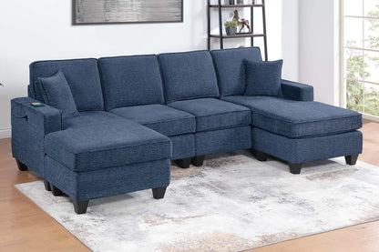 3-Piece U-Style Sectional with Dual Chaise & Built-In USB – Dark Blue F8360
