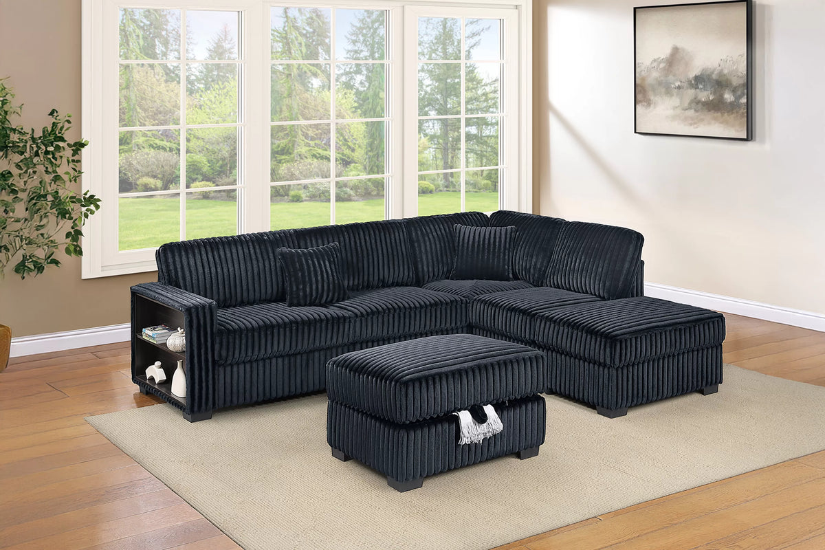 The Marigold Black Corduroy Sectional with Storage Ottoman – 3 Piece - view 2
