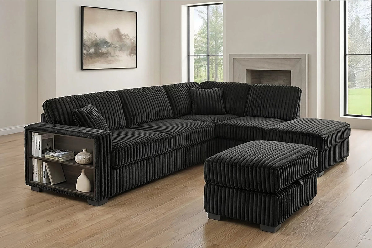 The Marigold Black Corduroy Sectional with Storage Ottoman – 3 Piece - view 3