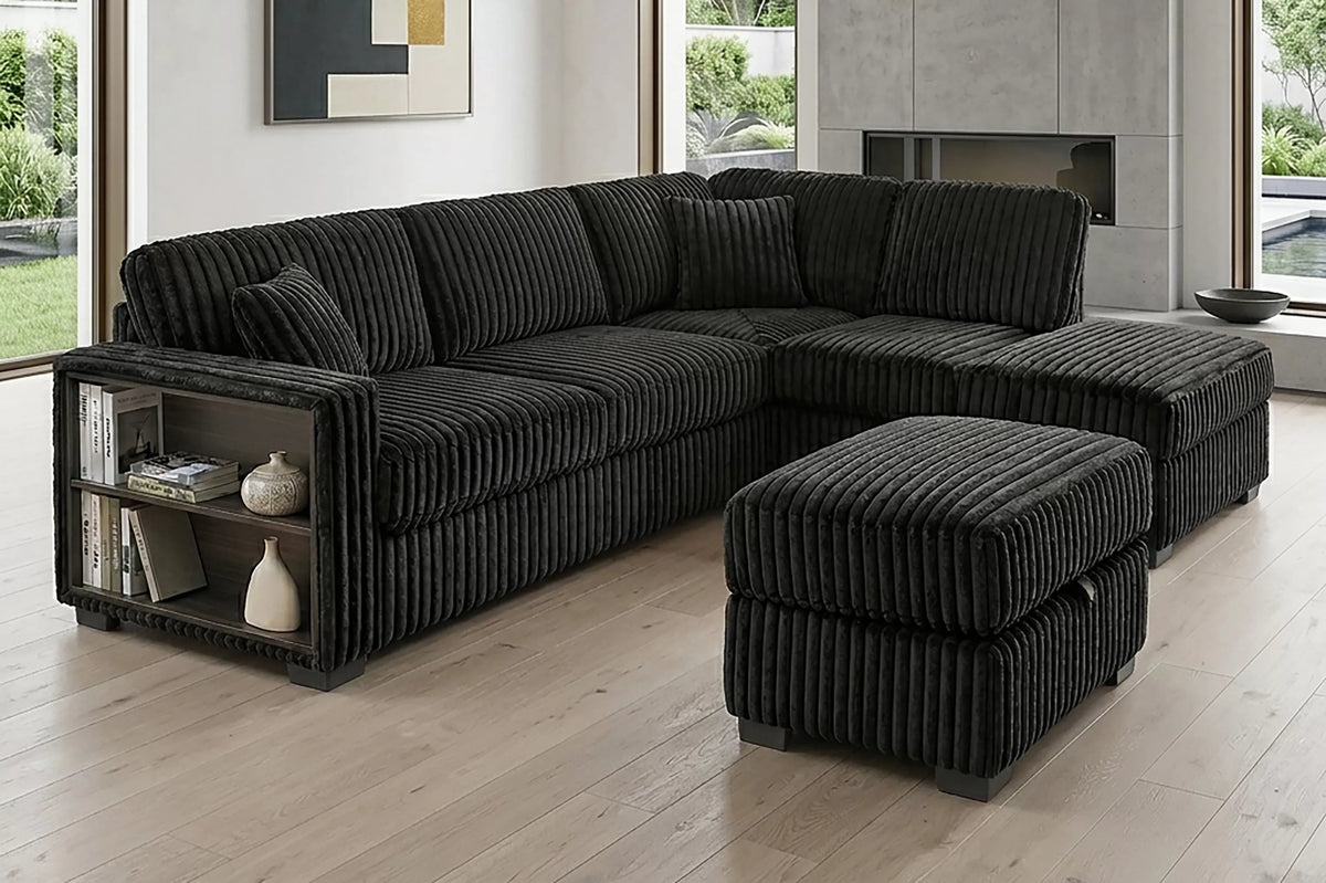The Marigold Black Corduroy Sectional with Storage Ottoman – 3 Piece - view 4