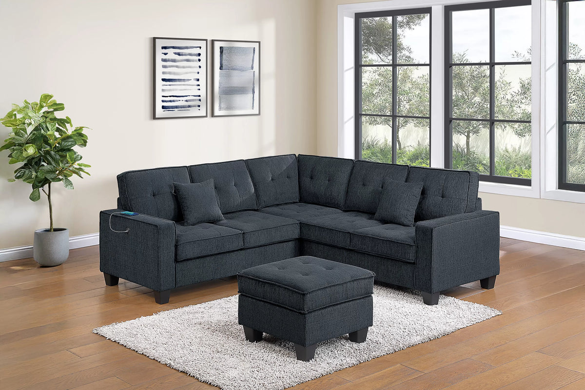 The Juniper Slate Black Chenille Sectional with USB – 4 Piece - view 2