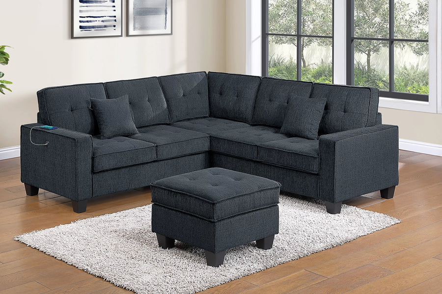 Seccional Juniper Negro de Chenilla con USB – 4 Piezas