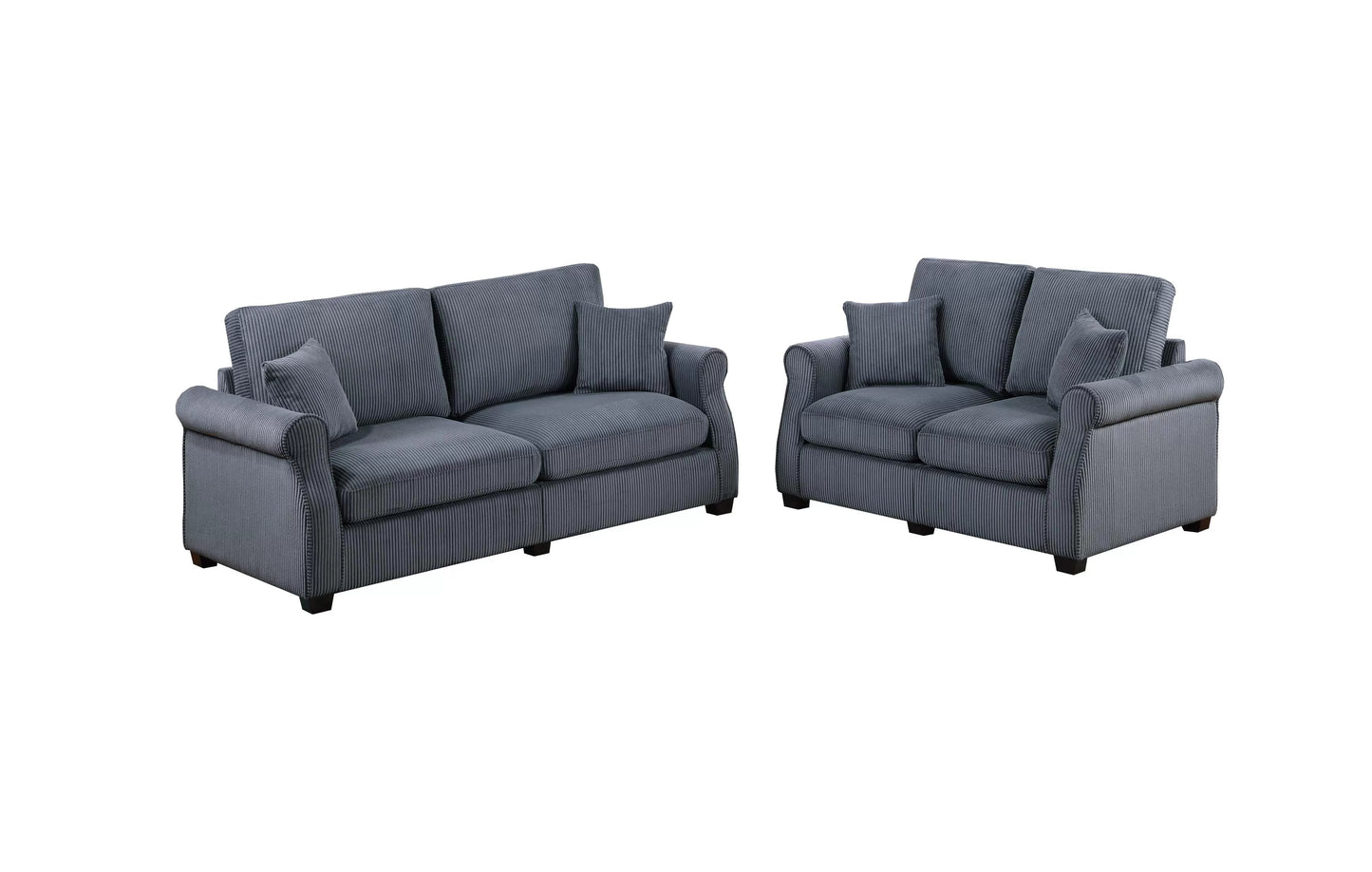 2-Piece Sofa & Loveseat Set – Dark Gray Corduroy with Throw Pillows F8314
