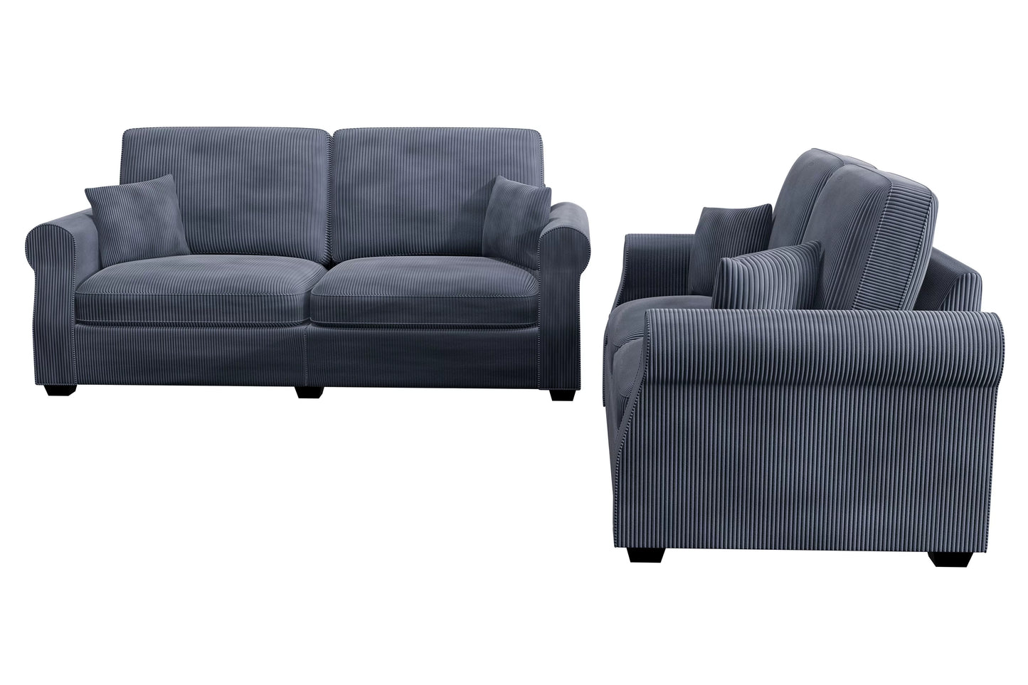 2-Piece Sofa & Loveseat Set – Dark Gray Corduroy with Throw Pillows F8314