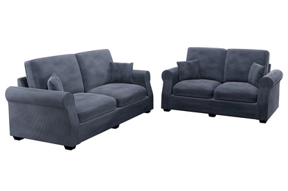 2-Piece Sofa & Loveseat Set – Dark Gray Corduroy with Throw Pillows F8314