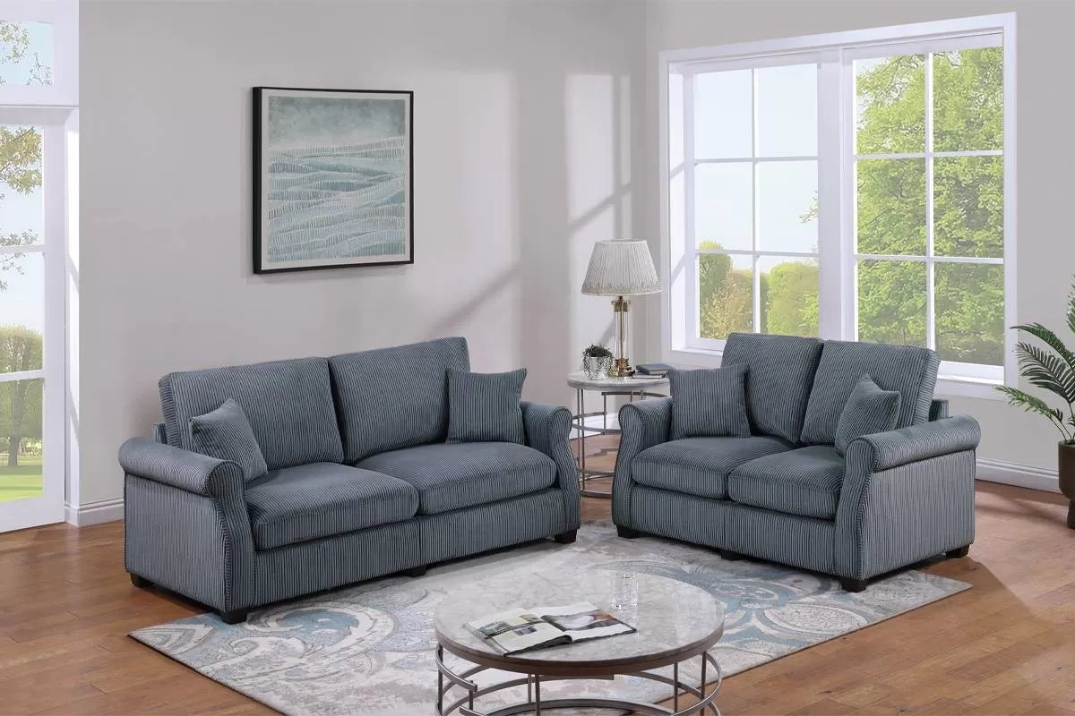 2-Piece Sofa & Loveseat Set – Dark Gray Corduroy with Throw Pillows F8314