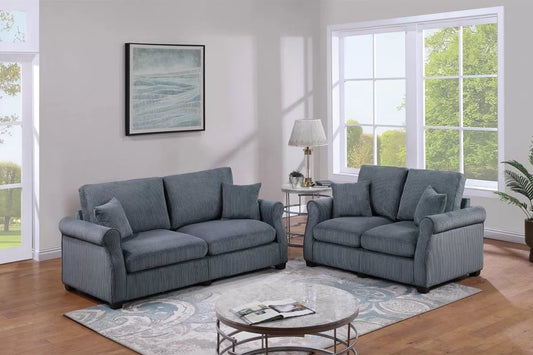 2-Piece Sofa & Loveseat Set – Dark Gray Corduroy with Throw Pillows F8314