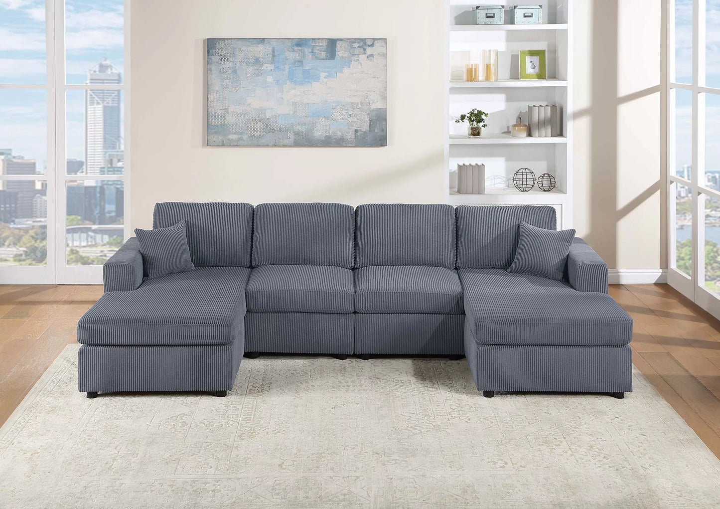 3-Piece Corduroy Sectional Sofa – Dark Gray Dual Chaise Lounge F8449