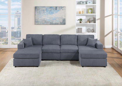3-Piece Corduroy Sectional Sofa – Dark Gray Dual Chaise Lounge F8449