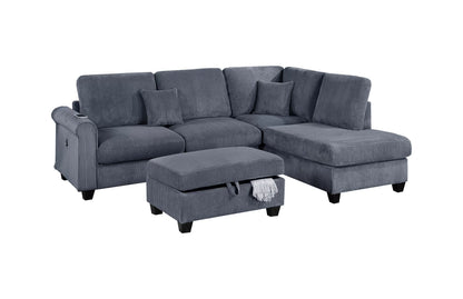 3-Piece Corduroy Sectional with USB & Storage Ottoman – Dark Gray | F8453