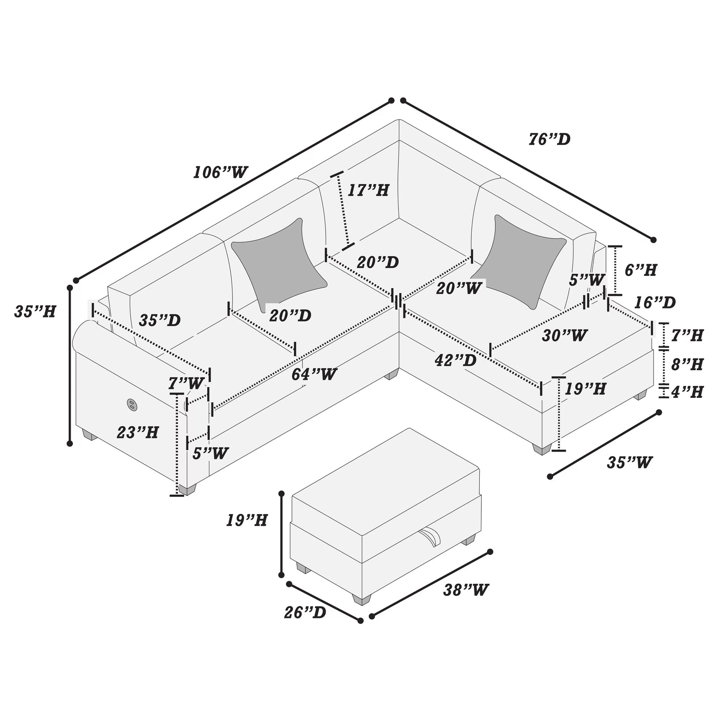 3-Piece Corduroy Sectional with USB & Storage Ottoman – Dark Gray | F8453