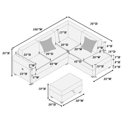 3-Piece Corduroy Sectional with USB & Storage Ottoman – Dark Gray | F8453